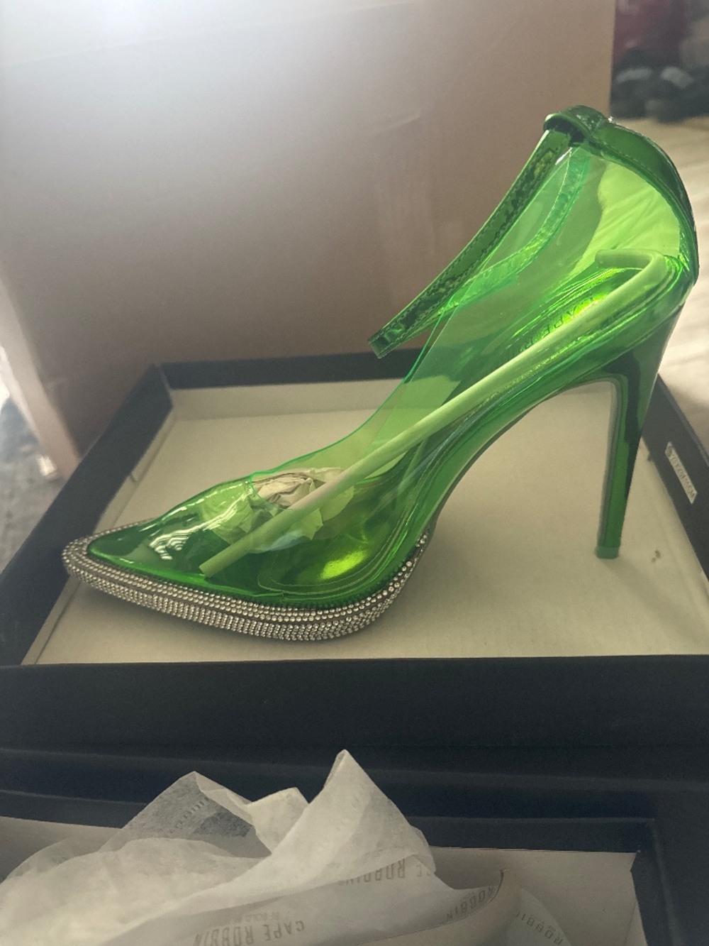 Green rhinestone heels